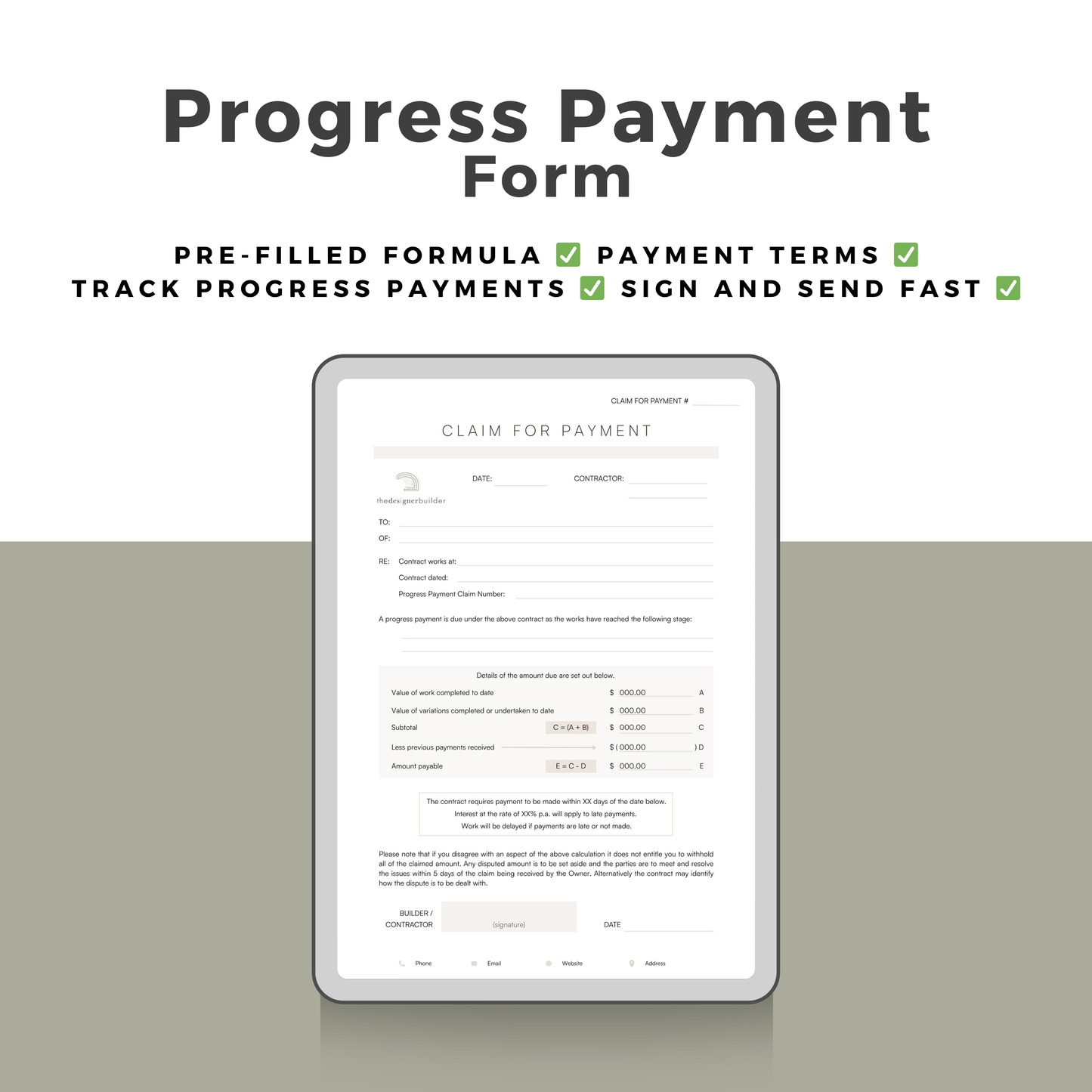 Progress Payment Claim Form - The Designer Builder