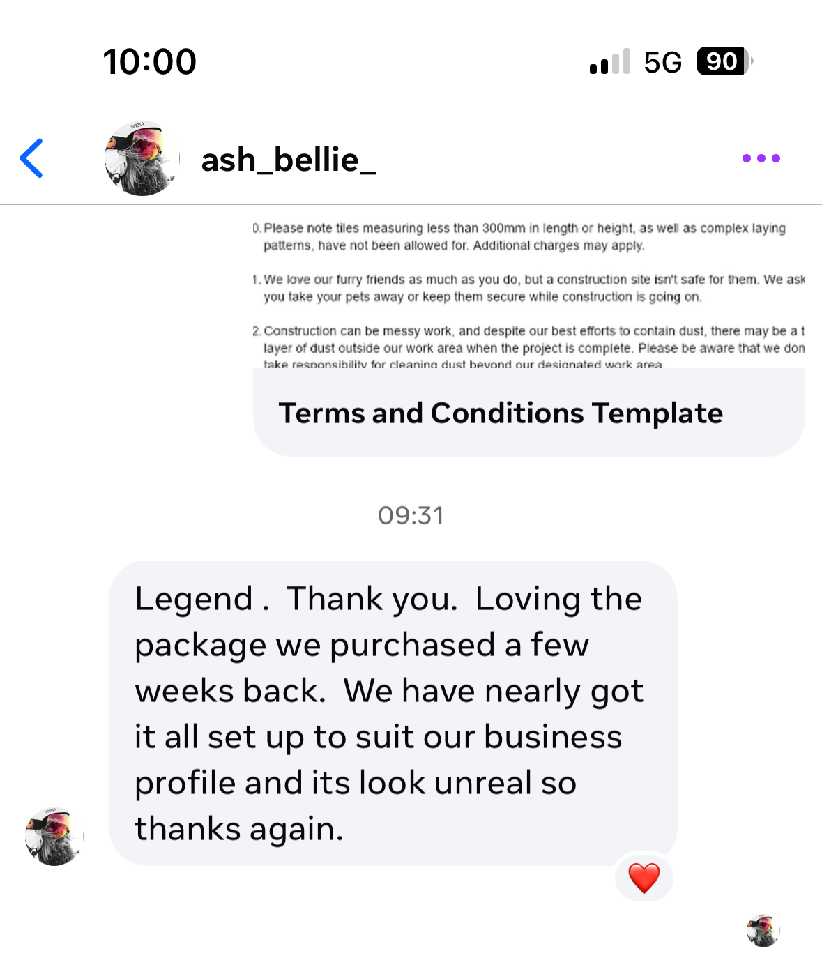 Text message conversation on a smartphone with a user responding to 'ash_bellie_'.